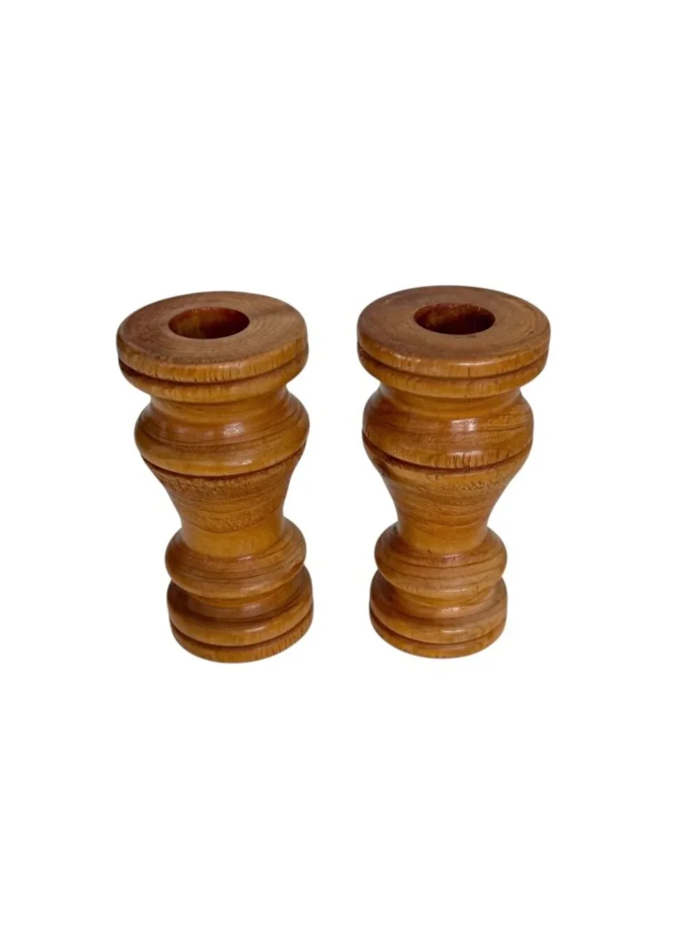 Vintage Pair of‎ MCM Farmhouse Rustic Hand Turned Wooden Candle Holders